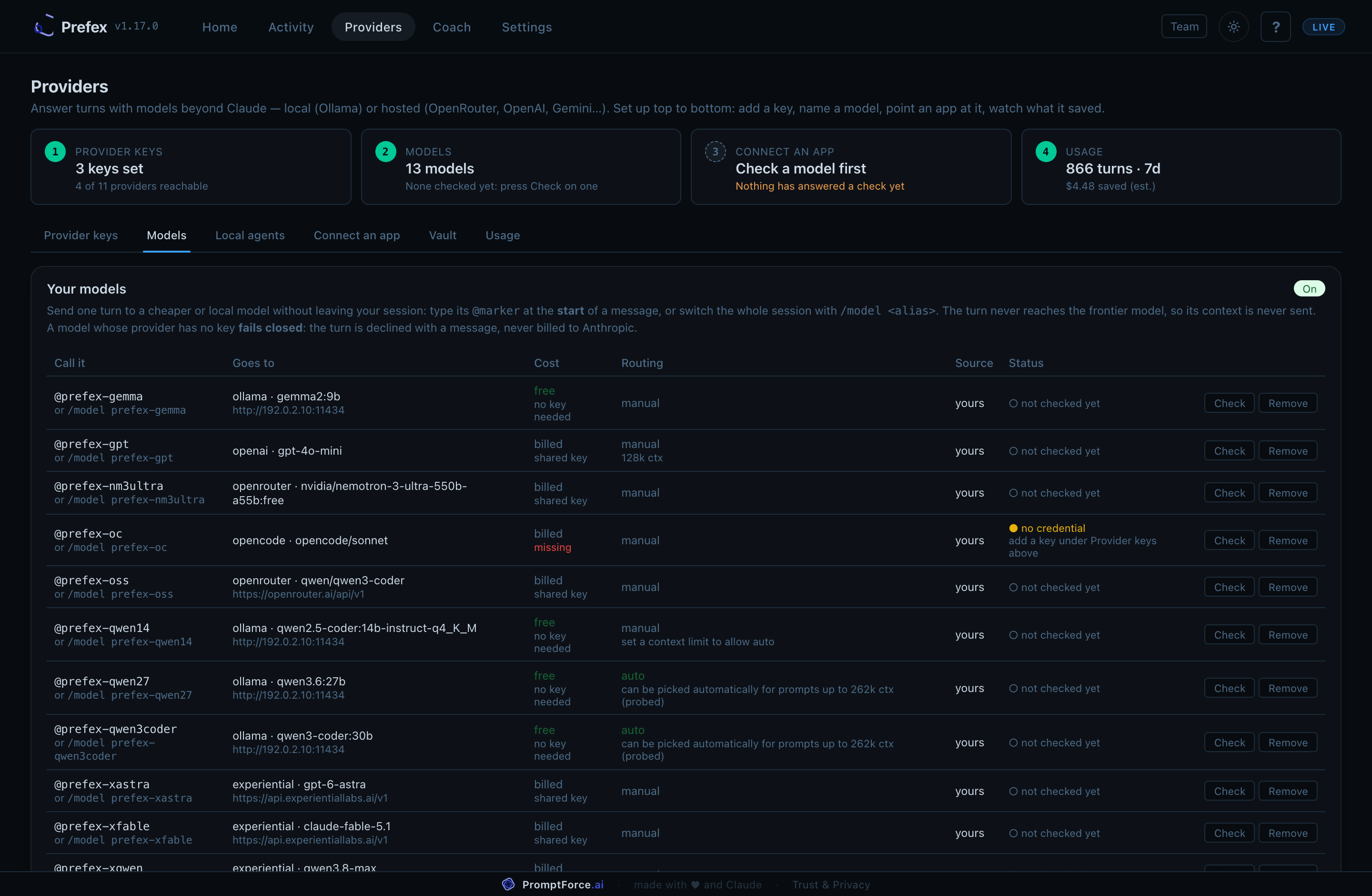 Providers, Models: offload markers and model catalog