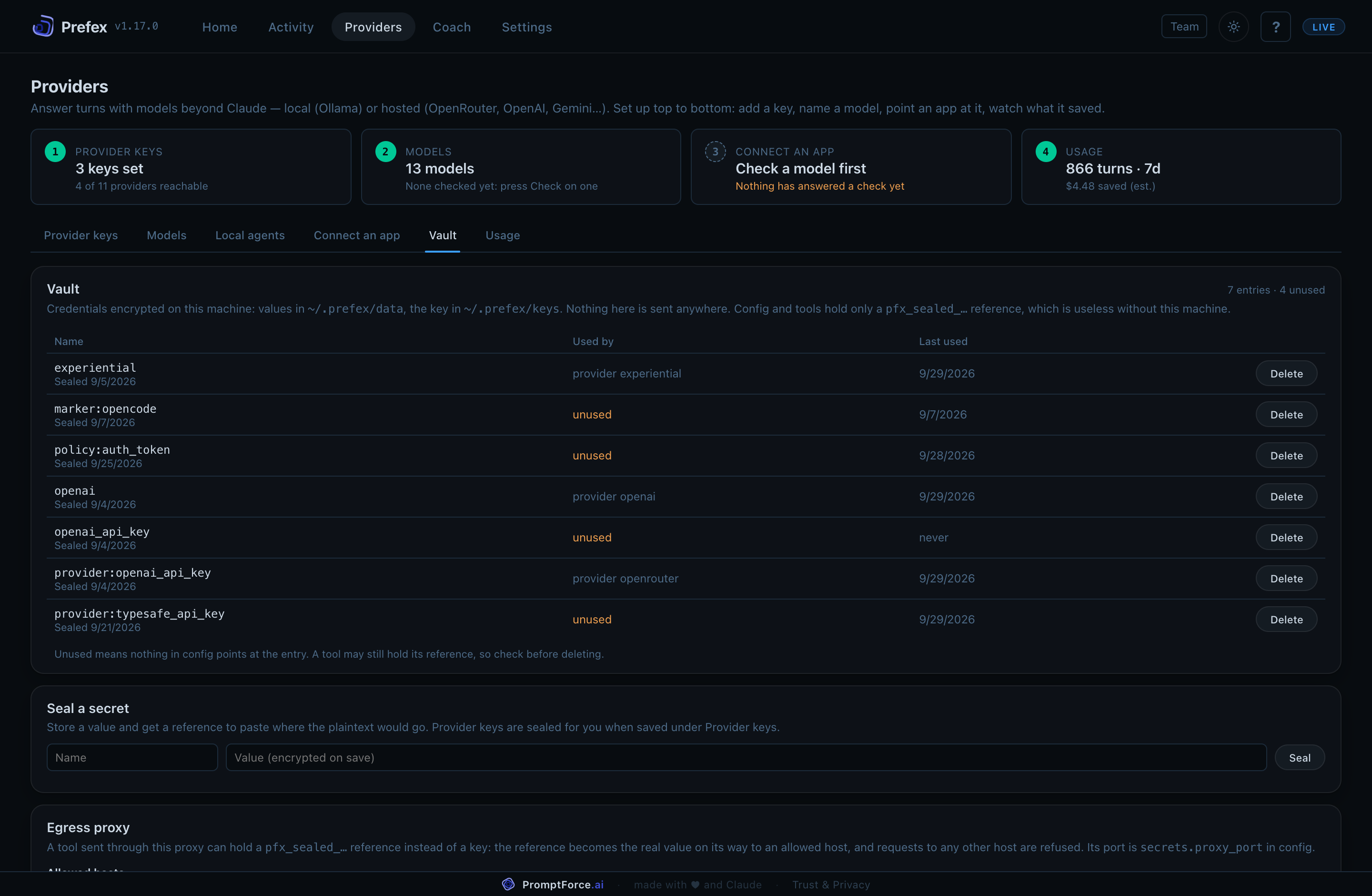 Providers, Vault: stored secrets and the host allowlist