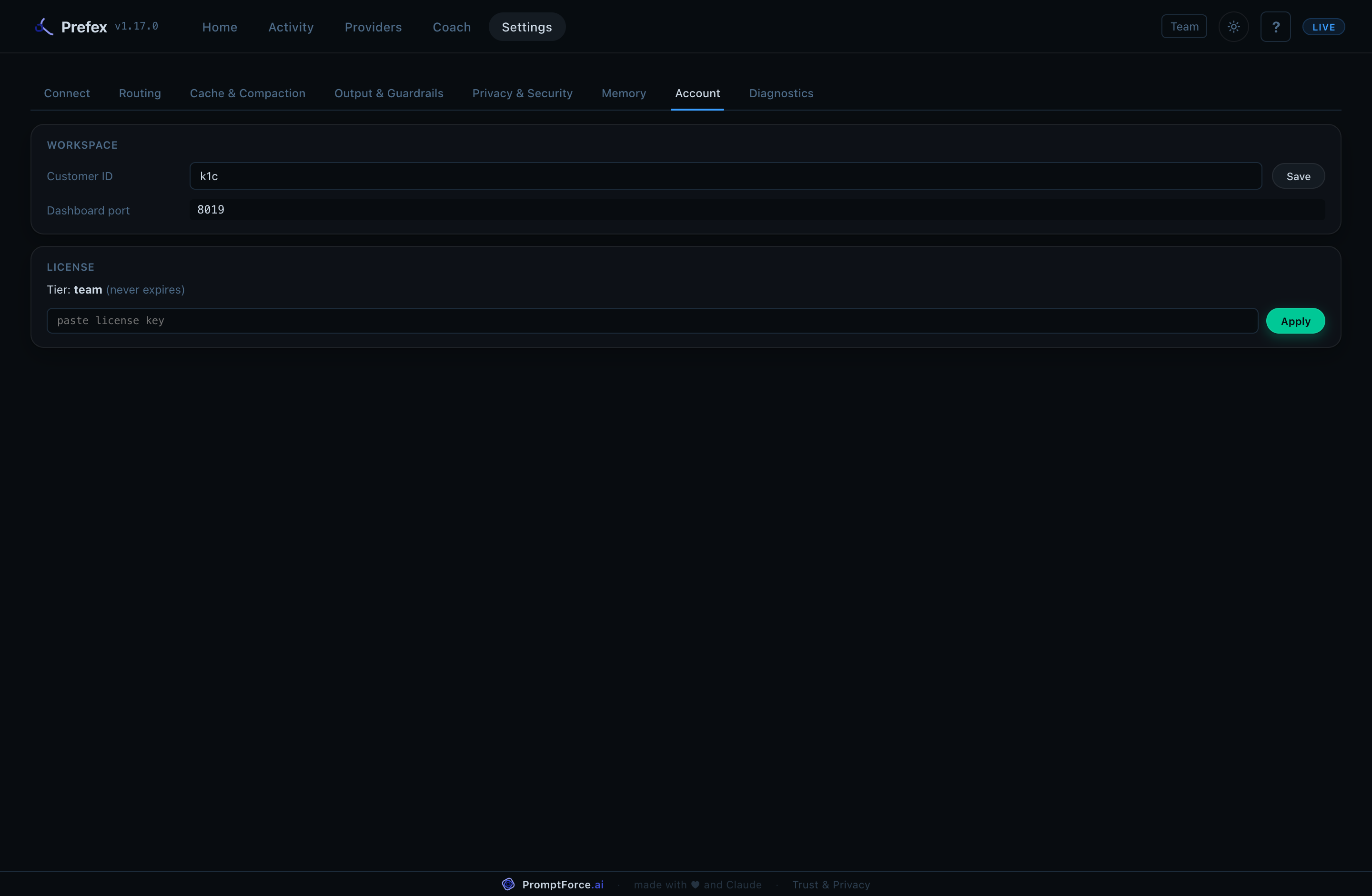 Settings, Account: licence state and savings meter