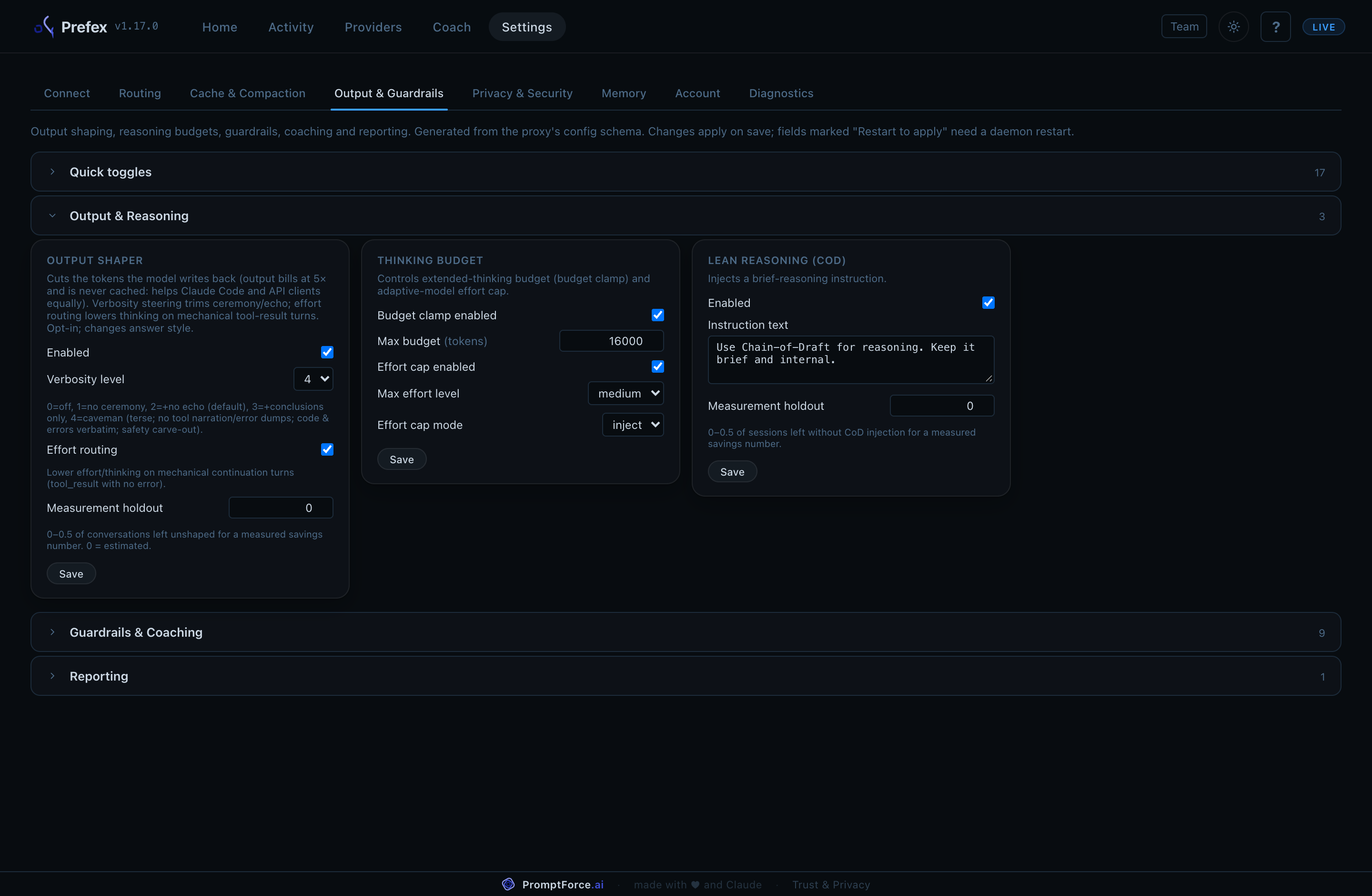 Settings, Output and Guardrails