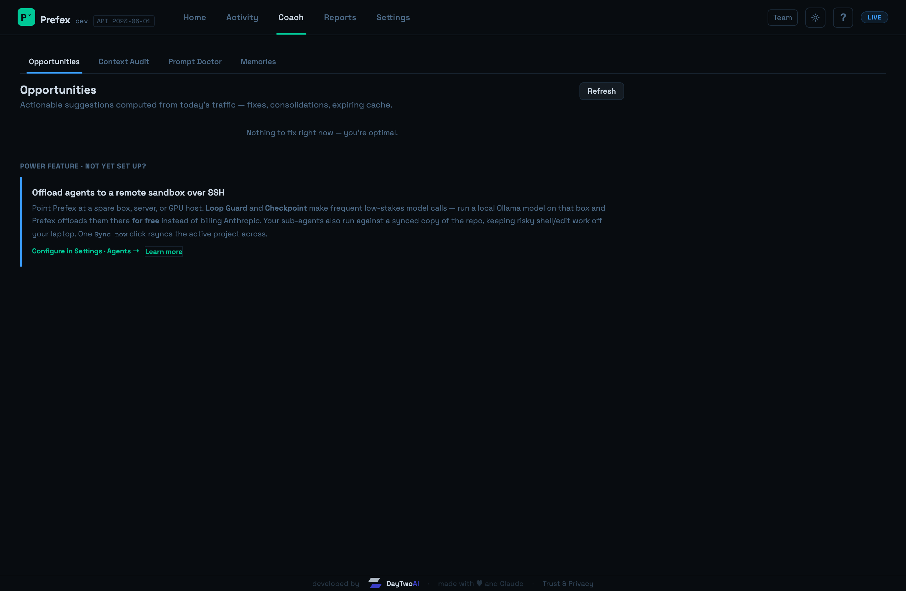 Prefex dashboard Coach: suggestions from your own traffic