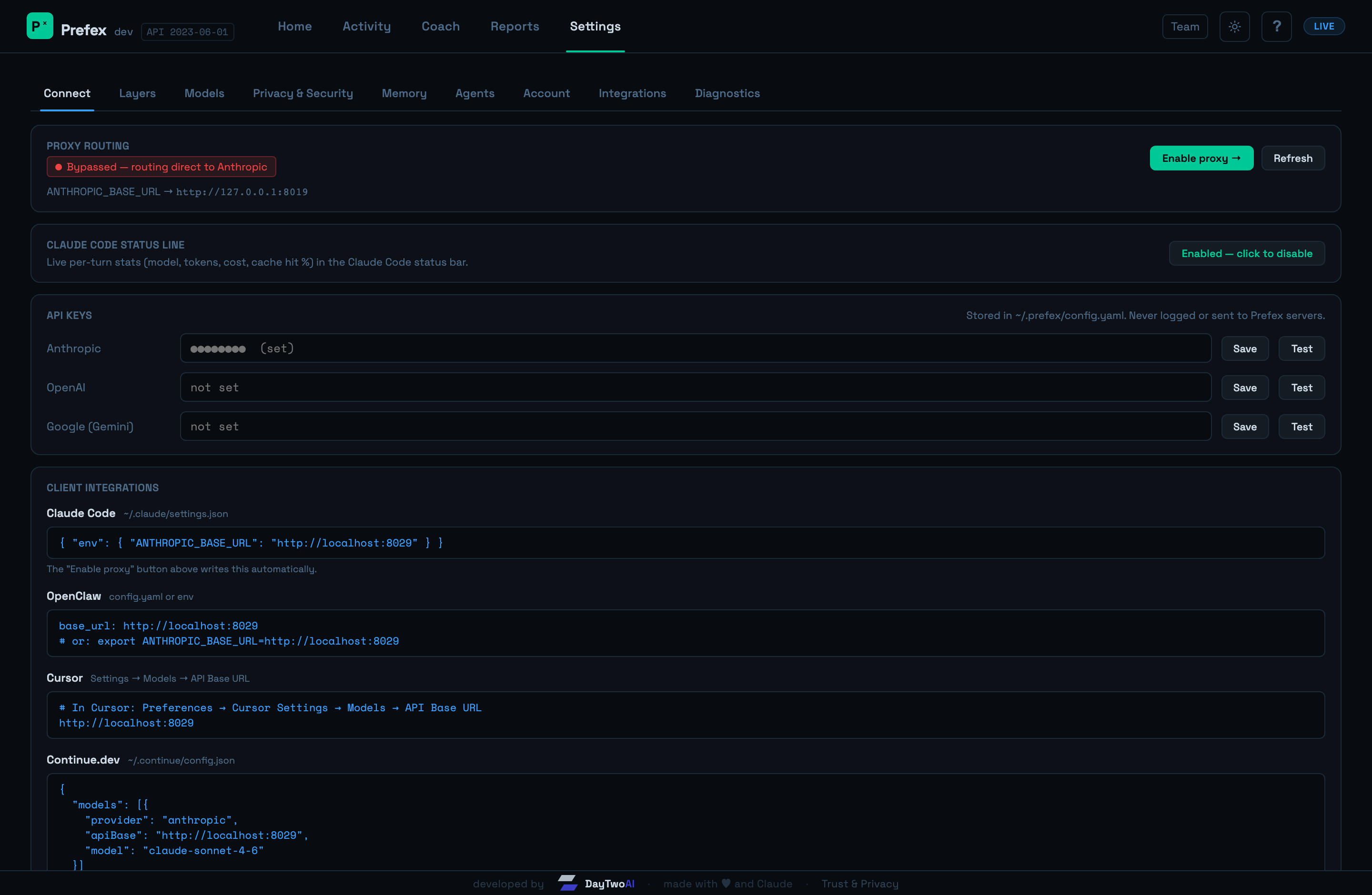 Prefex dashboard Settings: every optimization layer