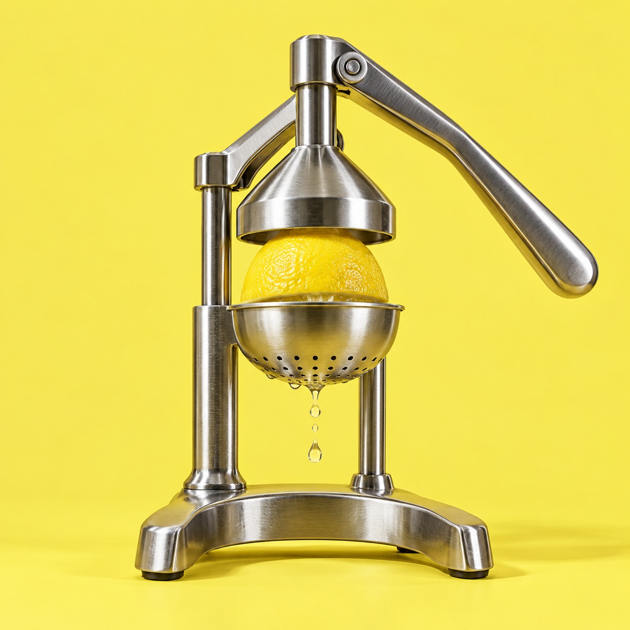 A lemon in a steel hand press, one drop falling, on a yellow background