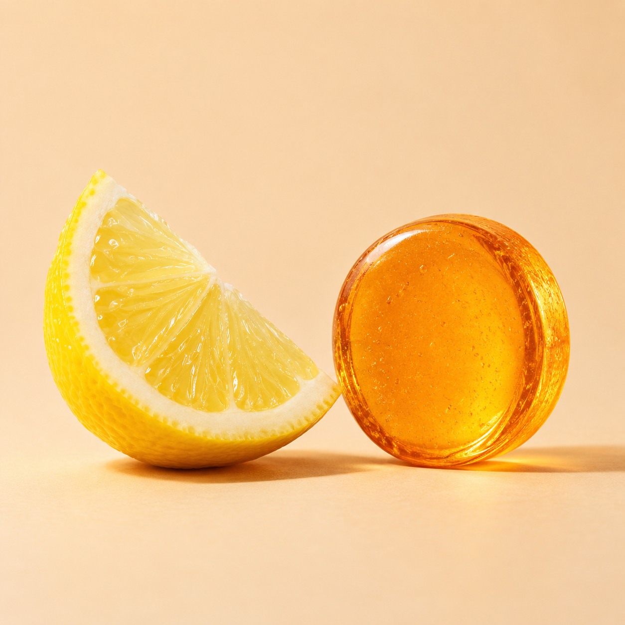 A lemon wedge beside an amber vitamin C lozenge
