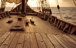 A ship deck looking out to open sea, with no chart or compass anywhere on it