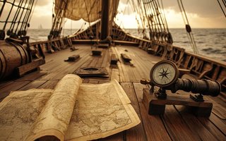The same deck, now with a chart unrolled and a compass set out, ready to navigate